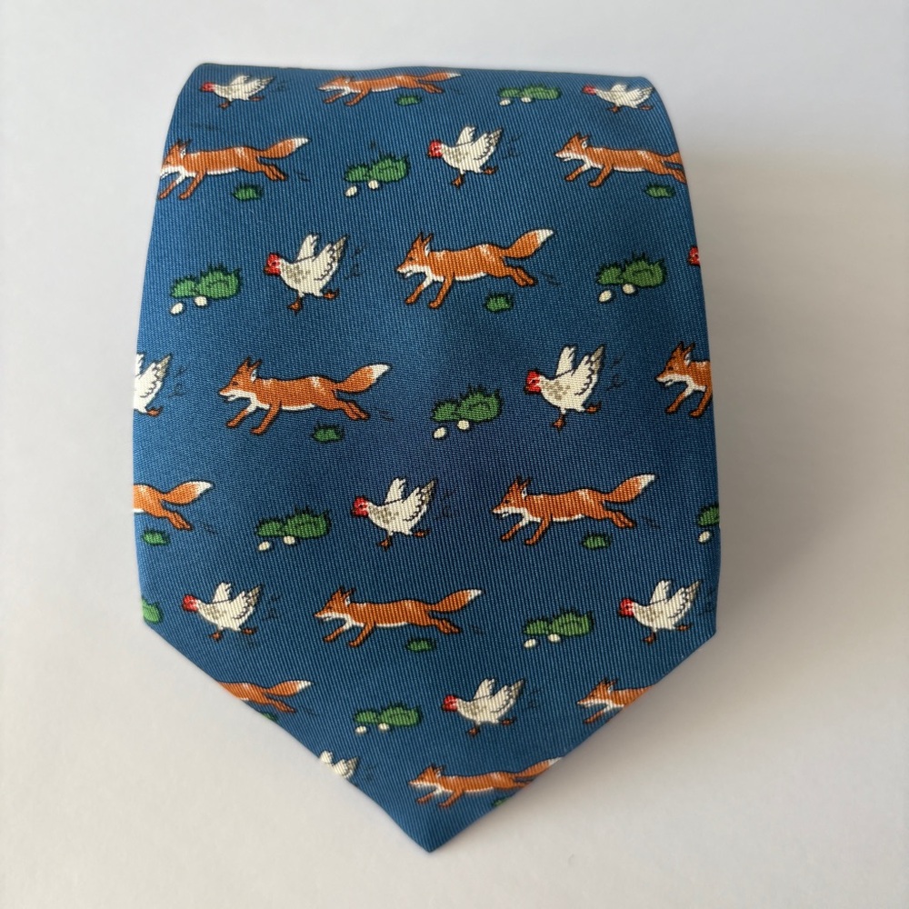 Hermes Mens 100% Silk Tie Fox Chasing Chicken Novelty Animal Whimsical
Fox & Cox